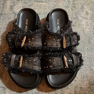 Nine West Black Frayed Buckle Sandals